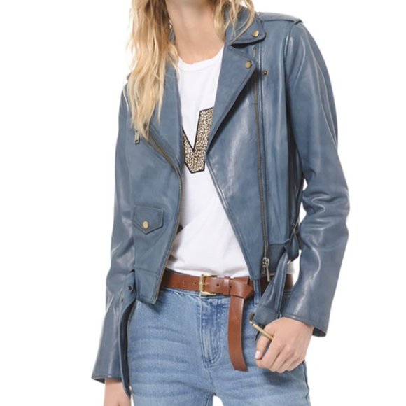 NEW Michael Kors Blue Lamb Motorcycle Jacket XS - Picture 1 of 11